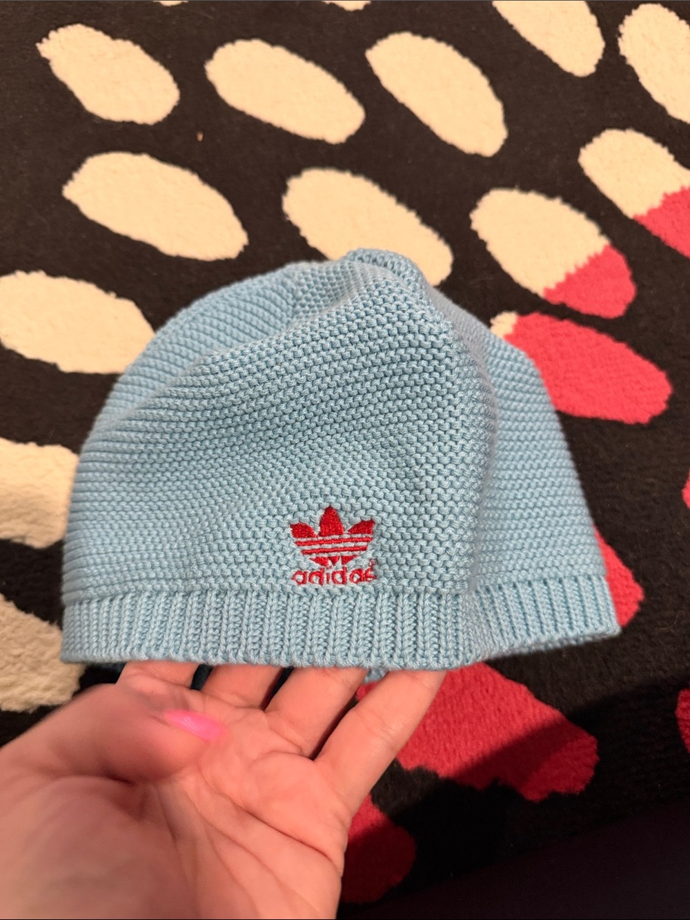 adidas adult Light Blue Knit Beanie with Red Trefoil